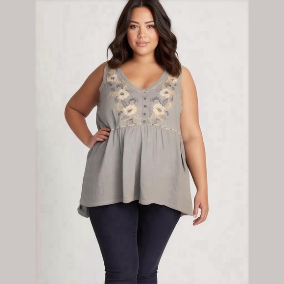 Boho Floral Embroidered Gray Sleeveless Tunic Top Torrid 3X Plus - Picture 1 of 7